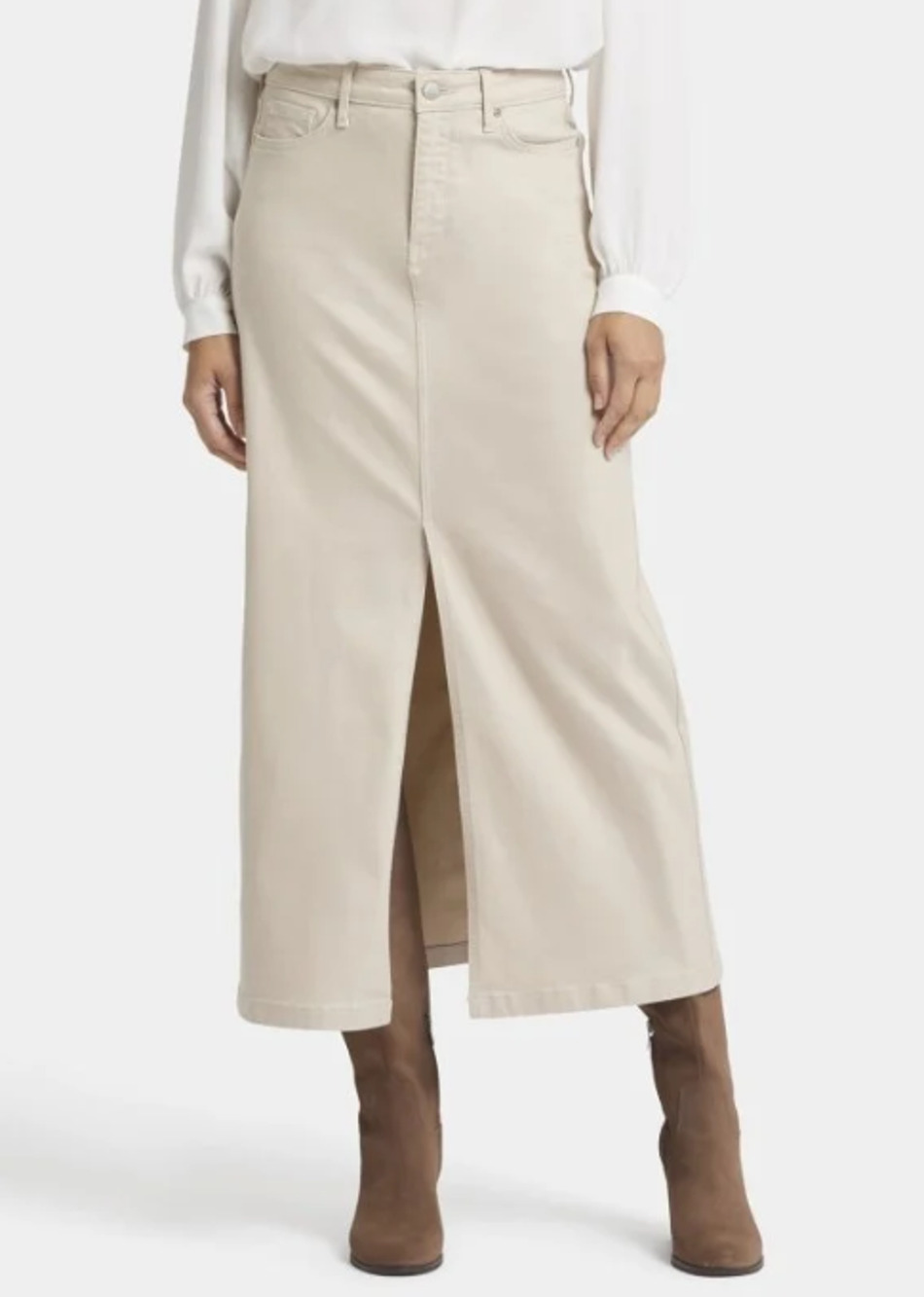 NYDJ High Rise Maxi Skirt Womens 6 Lift Tuck Straight Front Slit Pockets Beige